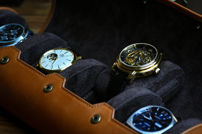 Close-up of full-grain leather, suede lining, and protective sliding watch cushions.