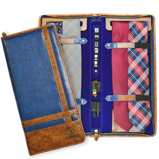 Front closed and open product views of the Royal Blue premium vegan leather tie travel case, showcasing organized storage for ties, cufflinks, tie clips, and collar stays.