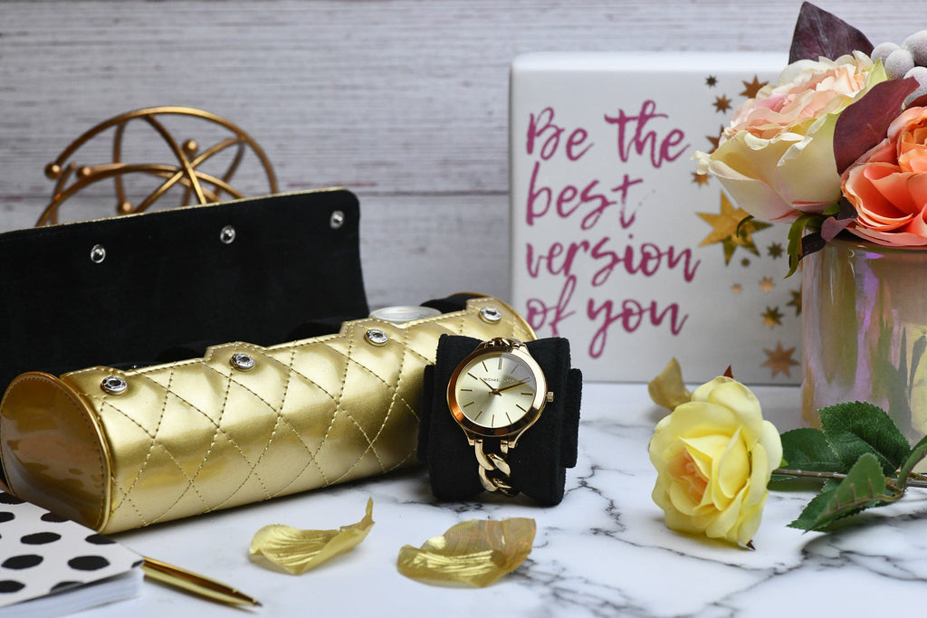 Interior of the Royal Gold women's 3 watch roll featuring soft suede watch cushions for protecting luxury women's watches