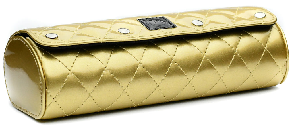 Closed Royal Gold women's 3 watch roll in premium vegan leather featuring diamond quilted luxury watch travel case design