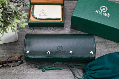 Closed Royal Green premium vegan leather 3 watch roll displayed beside luxury watch accessories