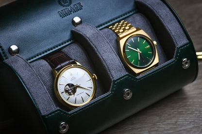 Luxury watches secured inside the Royal Green vegan leather 2 watch organizer with soft suede interior.