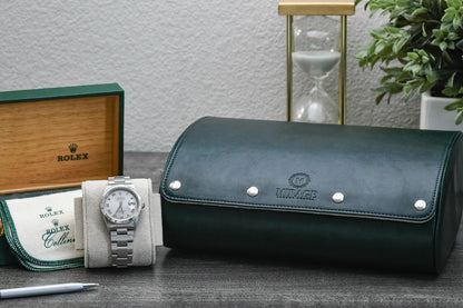 Closed Royal Green premium vegan leather 6 watch travel case with ivory white suede interior for luxury watch collectors
