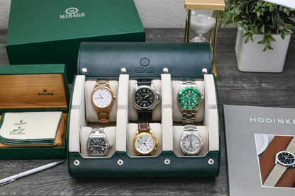 Premium Royal Green 6 watch roll with ivory white suede interior displaying luxury watches in a premium vegan leather watch organizer