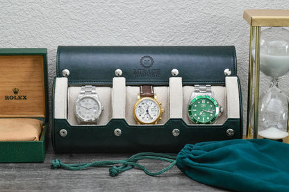 Premium Royal Green 3 watch travel case displaying luxury watches with ivory white suede lining for collectors