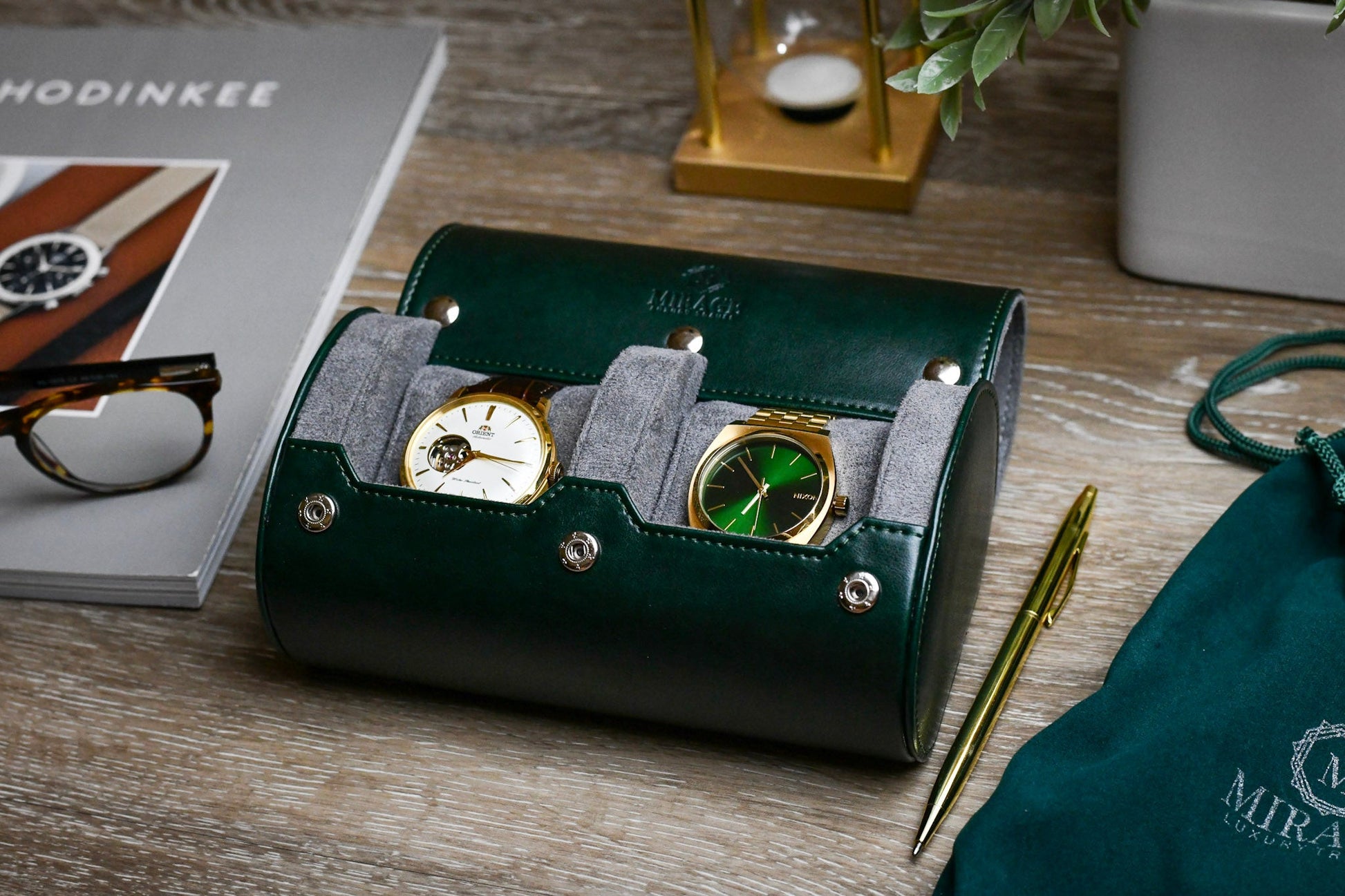Royal Green vegan leather 2 watch organizer displaying luxury watches with premium suede-lined interior.
