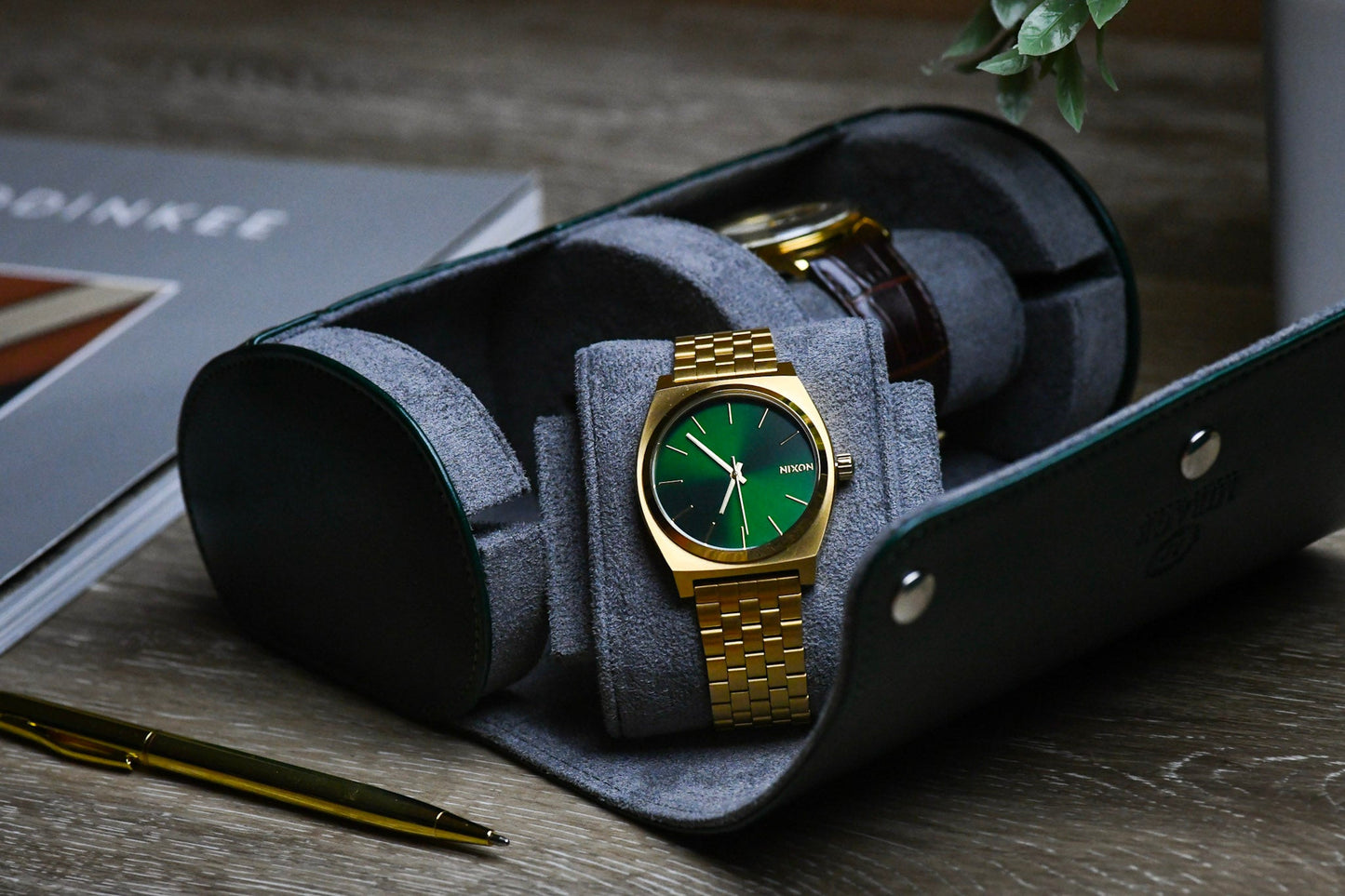 Handcrafted Royal Green vegan leather 2 watch roll showcasing premium stitching and refined craftsmanship.