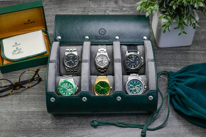Premium Royal Green luxury watch travel case displaying six luxury watches with soft suede interior and protective watch cushions