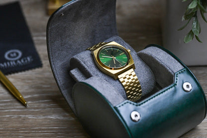Royal Green vegan leather single watch roll protecting a luxury timepiece during everyday travel.