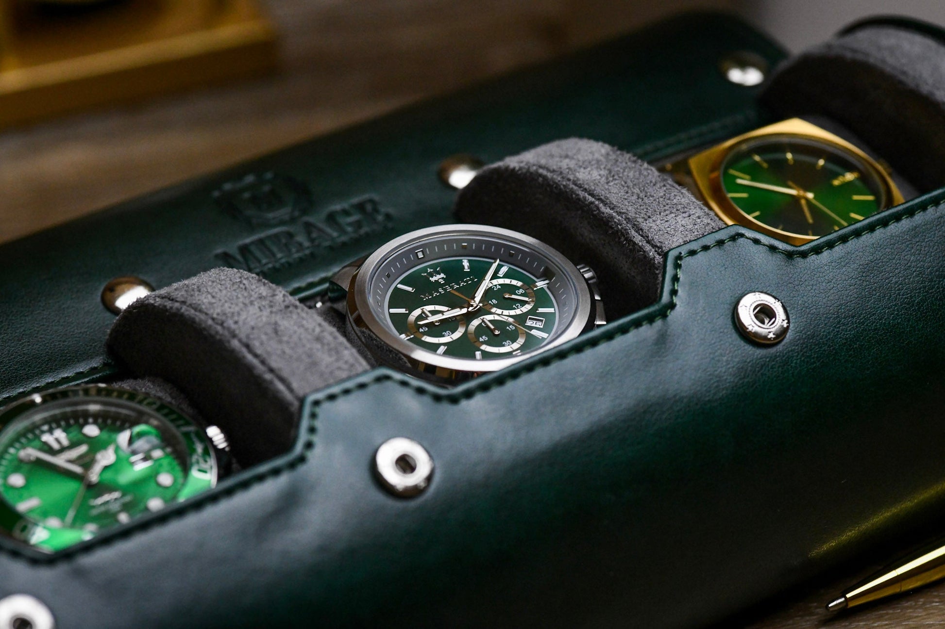 Royal Green luxury 3 watch roll organizer displayed with premium timepieces for collectors