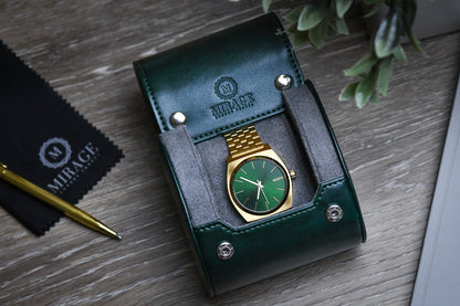 Luxury watch displayed inside the Royal Green vegan leather 1 watch travel case with soft suede lining.