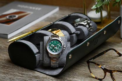Side view of Royal Green premium vegan leather 3 watch travel case with sliding watch cushions