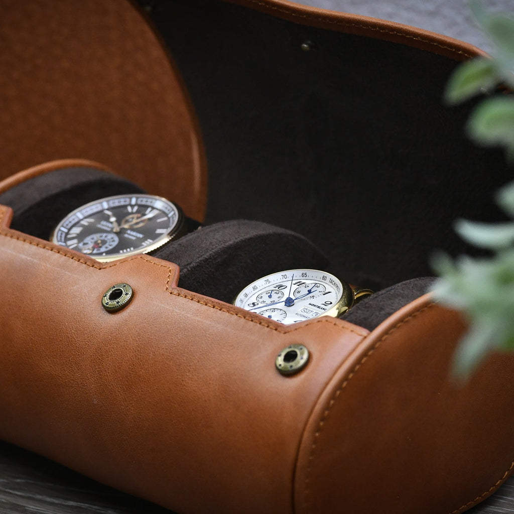 Side profile of the Mirage Tawny Brown full-grain cow leather watch roll showcasing premium craftsmanship and elegant stitching.