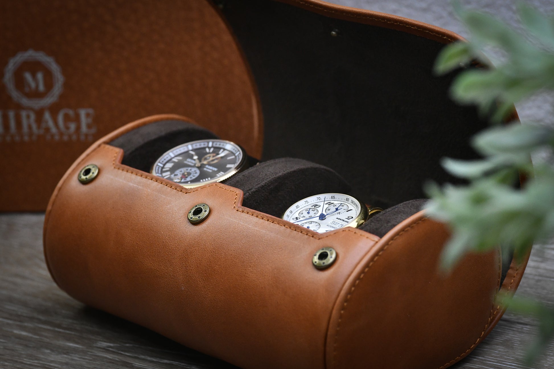 Side profile of the Mirage Tawny Brown full-grain cow leather watch roll showcasing premium craftsmanship and elegant stitching.