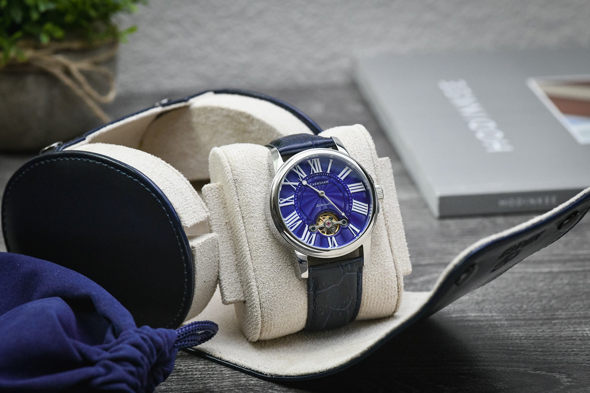 Midnight Blue vegan leather 1 watch roll with blue suede interior displaying a luxury watch for travel, storage, and everyday protection.