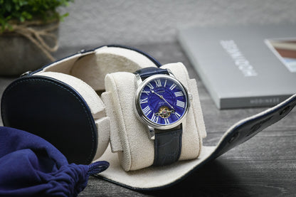 Midnight Blue vegan leather 1 watch roll with blue suede interior displaying a luxury watch for travel, storage, and everyday protection.