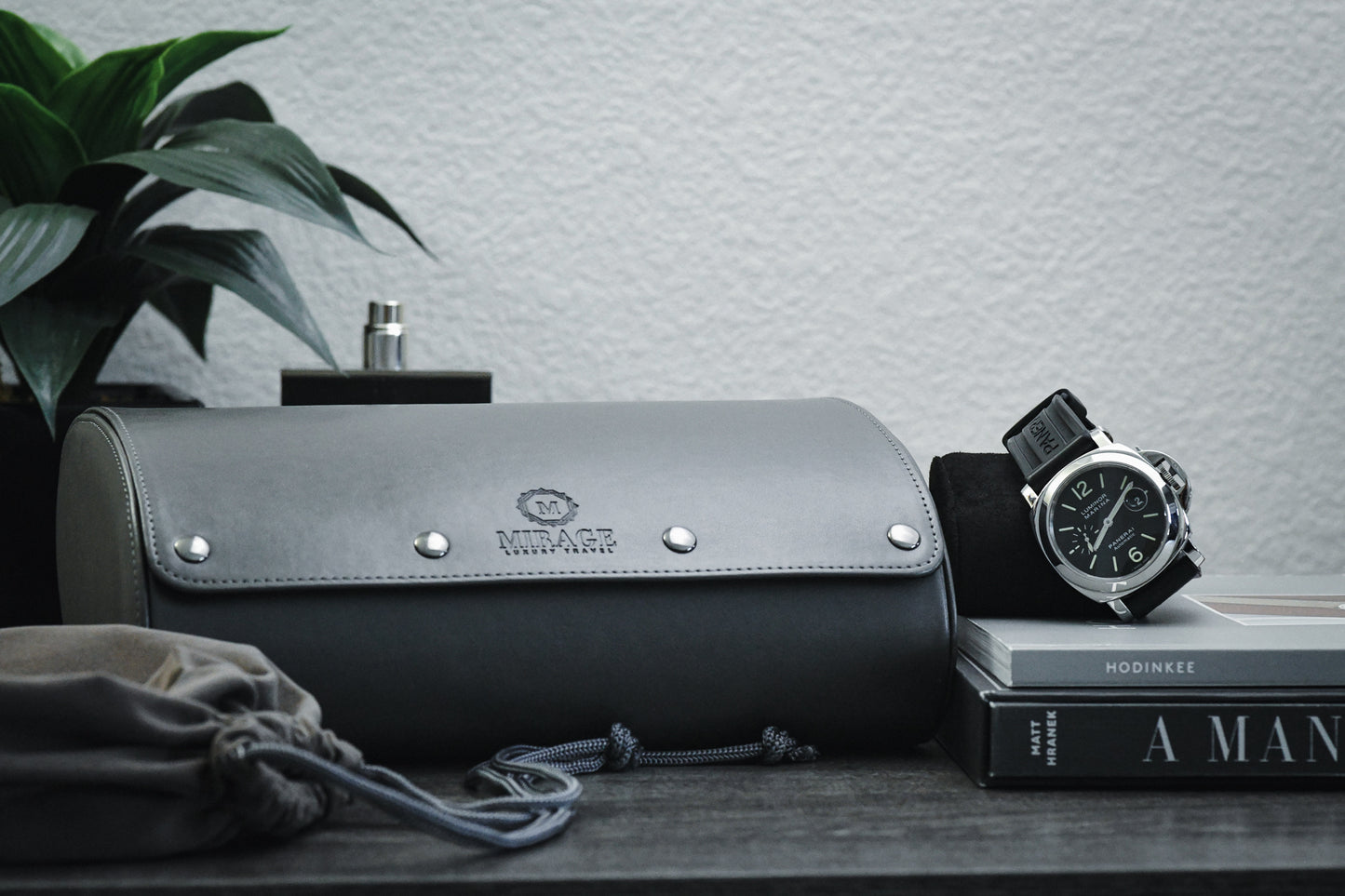 Closed Slate Gray premium vegan leather 6 watch roll designed for travel, home display, and luxury watch protection