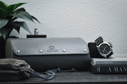 Closed Slate Gray premium vegan leather 6 watch roll designed for travel, home display, and luxury watch protection