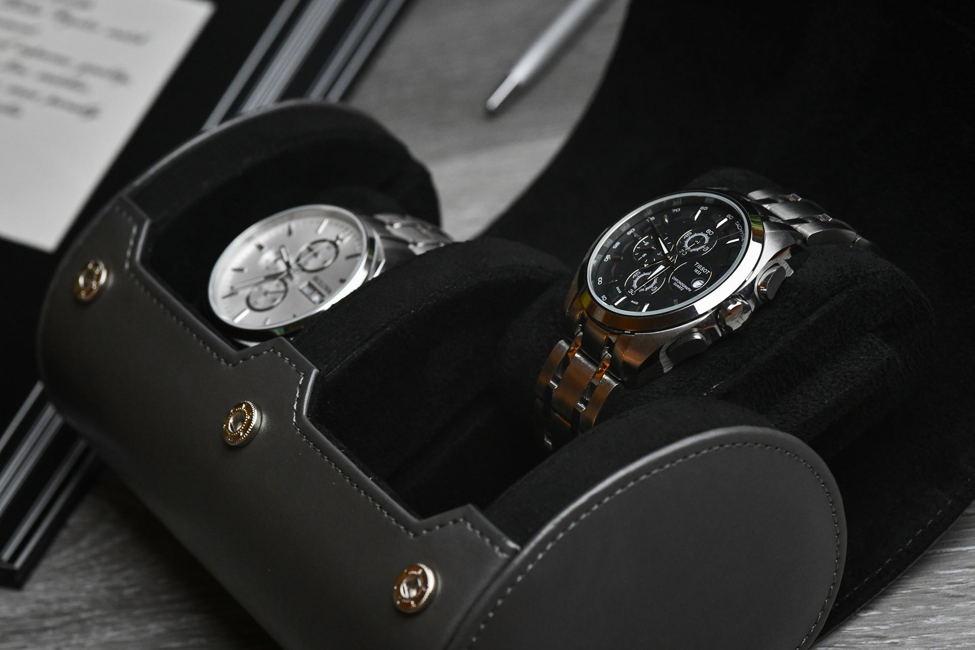 Slate Gray vegan leather 2 watch roll displayed on a premium workspace for collectors and executives.