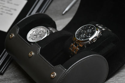Slate Gray vegan leather 2 watch roll displayed on a premium workspace for collectors and executives.