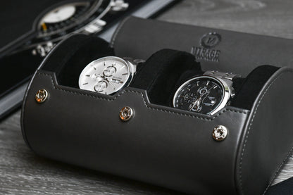 Slate Gray vegan leather 2 watch roll displayed on a premium workspace for collectors and executives.