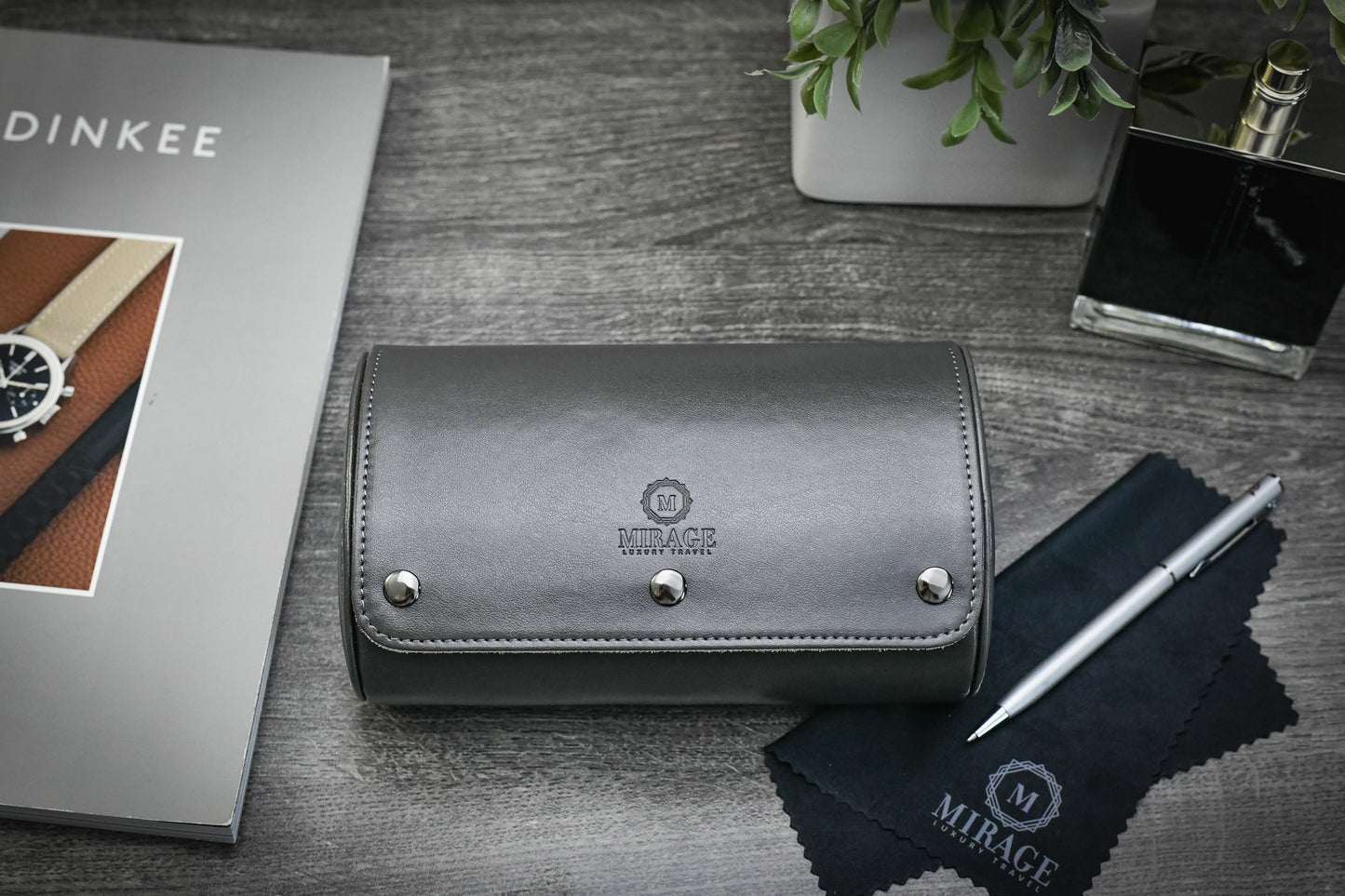 Closed Slate Gray vegan leather 2 watch roll with ivory white interior designed for luxury watch storage and travel.