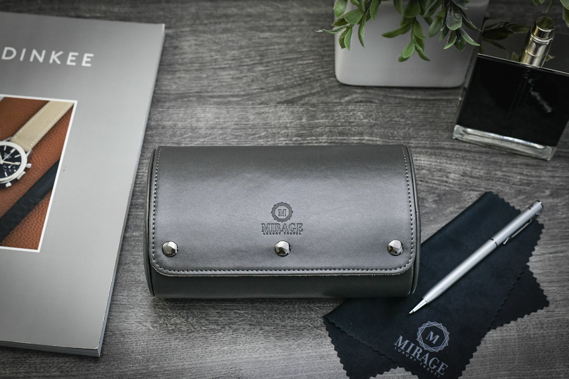 Closed Slate Gray vegan leather 2 watch roll with ivory white interior designed for luxury watch storage and travel.