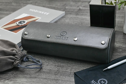 Closed Slate Gray premium vegan leather 3 watch roll with ivory white interior for luxury watch travel and storage