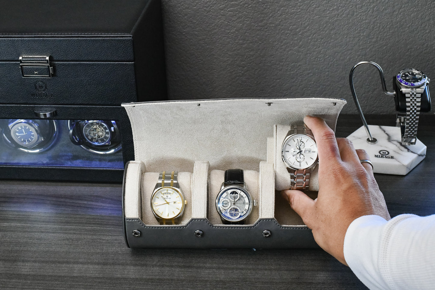 Luxury watch collection displayed inside Slate Gray and ivory white premium vegan leather watch organizer