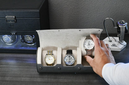 Luxury watch collection displayed inside Slate Gray and ivory white premium vegan leather watch organizer
