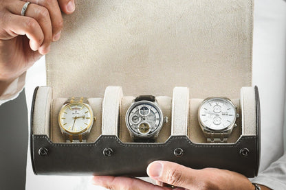 Luxury watch collection displayed inside Slate Gray and ivory white premium vegan leather watch organizer