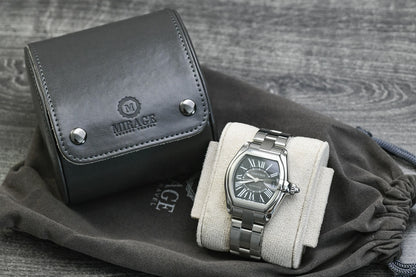 Slate Gray vegan leather single watch roll displayed with a luxury watch and premium accessories.