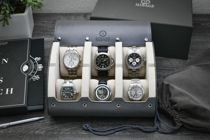 Premium Slate Gray 6 watch roll with ivory white suede interior displaying luxury watches in a premium vegan leather watch organizer