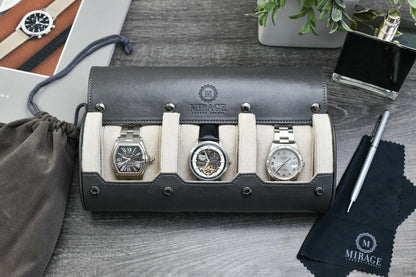 Premium Slate Gray and ivory white 3 watch travel case displaying luxury watches for collectors and enthusiasts