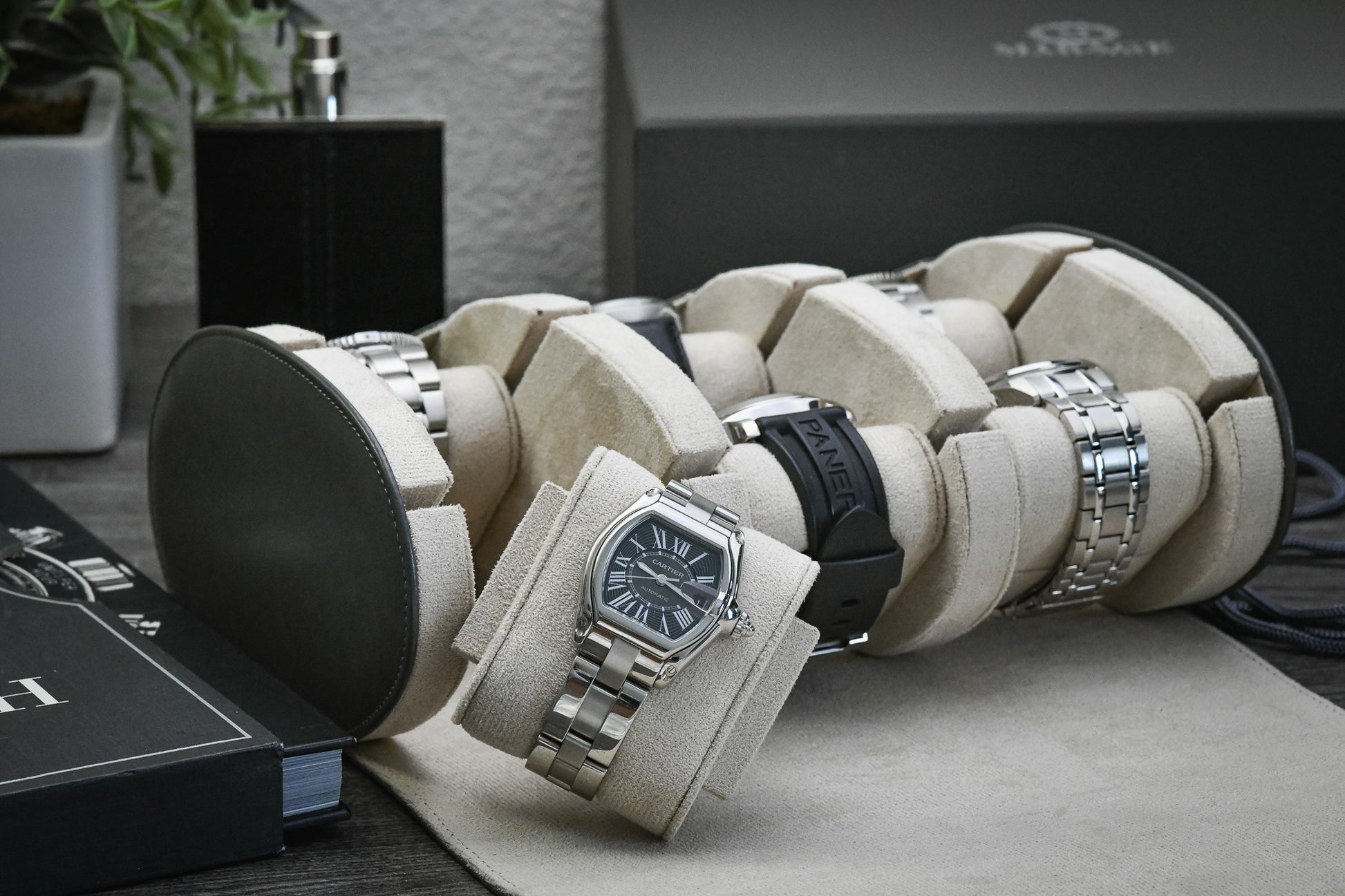 Luxury Slate Gray vegan leather 6 watch travel case with ivory white suede interior for collectors and business travel