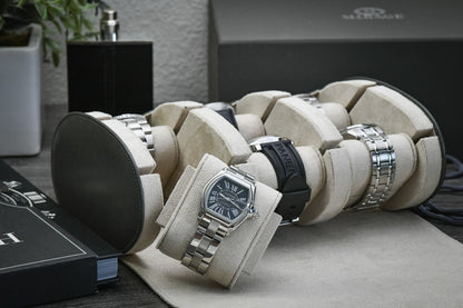 Luxury Slate Gray vegan leather 6 watch travel case with ivory white suede interior for collectors and business travel