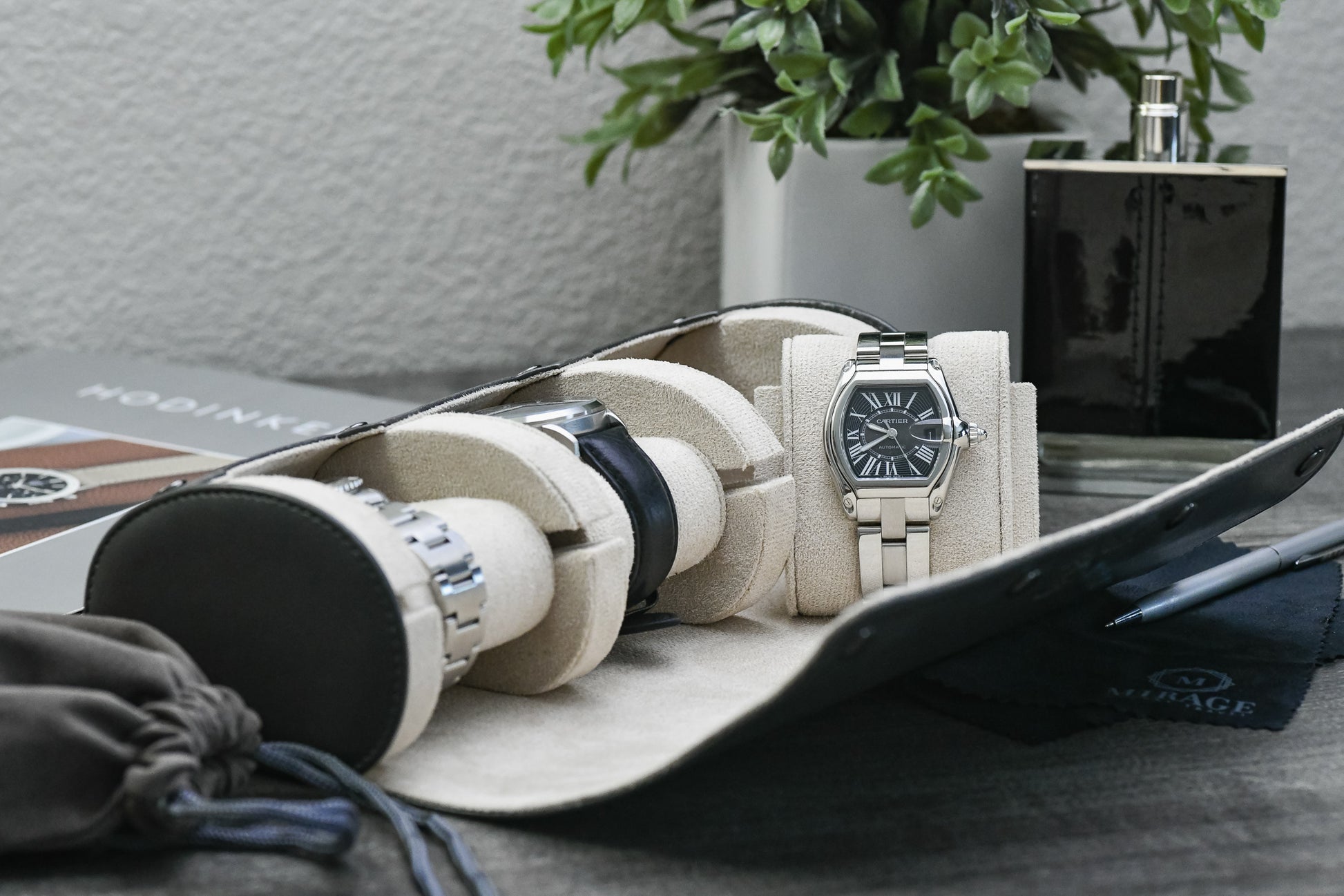 Luxury Slate Gray vegan leather 3 watch roll with ivory white interior protecting Rolex Omega Tudor and Grand Seiko watches