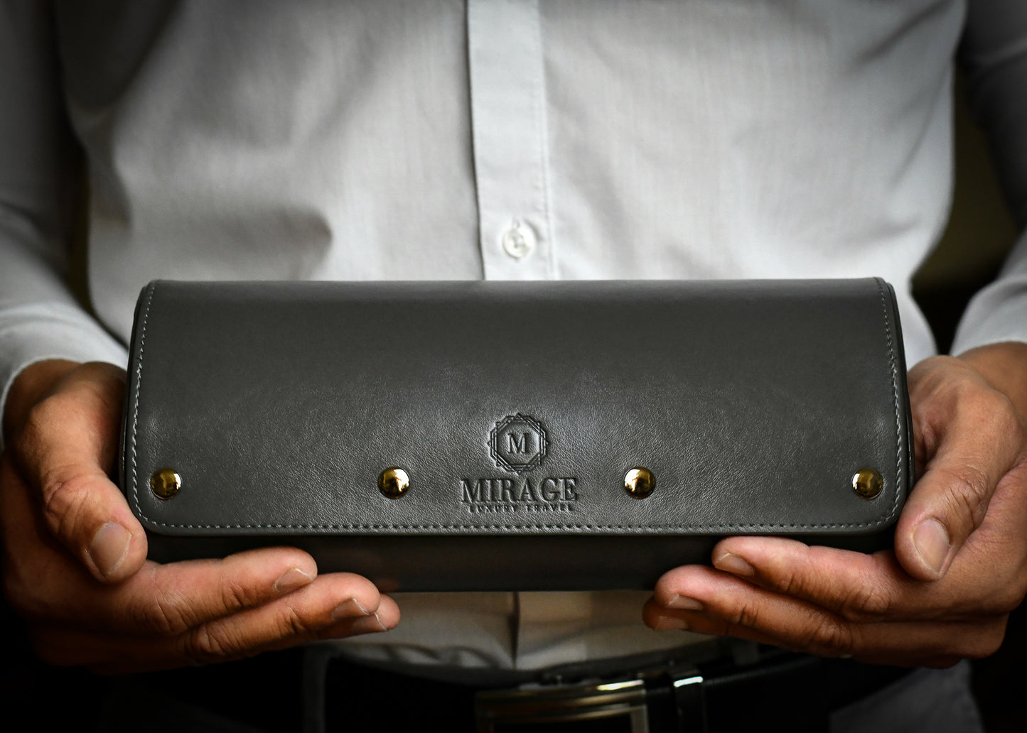 Premium Slate Gray watch roll presented in elegant gift-ready packaging for collectors and executive gifts