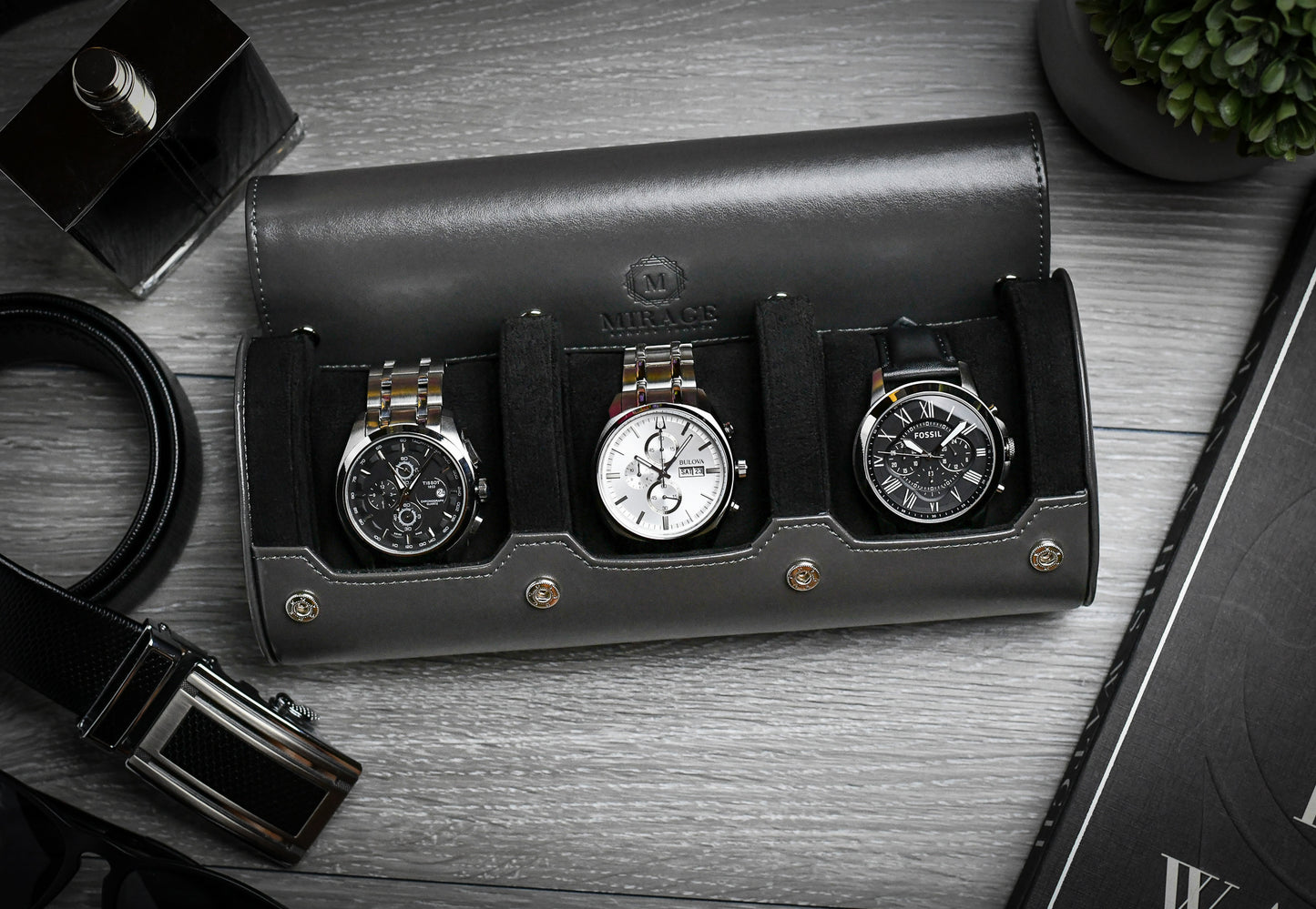 Premium Slate Gray 3 watch travel case displaying luxury watches for collectors and watch enthusiasts