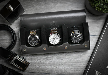 Premium Slate Gray 3 watch travel case displaying luxury watches for collectors and watch enthusiasts