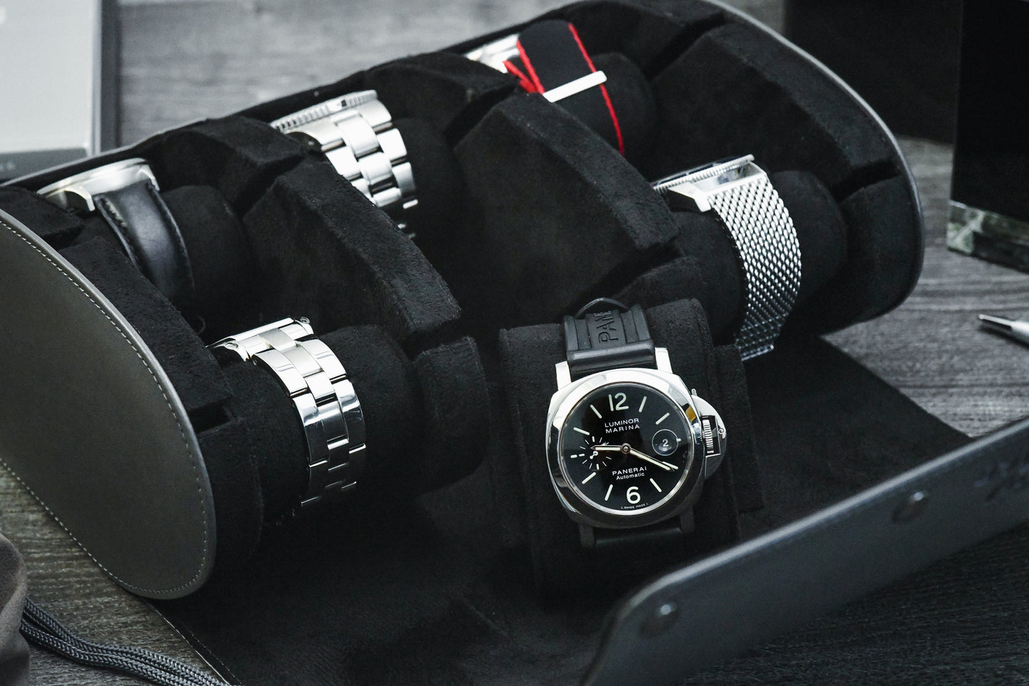 Slate Gray premium vegan leather luxury watch organizer protecting Rolex Omega Grand Seiko Tudor Breitling and Seiko collections