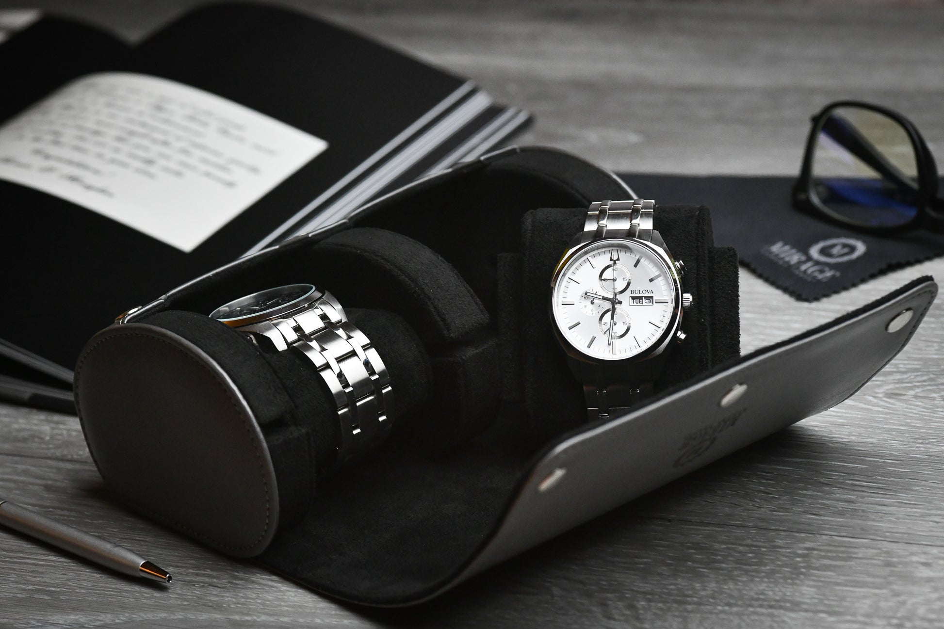 Slate Gray vegan leather 2 watch organizer displaying luxury watches with premium suede-lined interior.