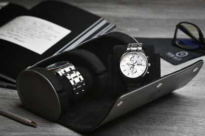 Slate Gray vegan leather 2 watch organizer displaying luxury watches with premium suede-lined interior.