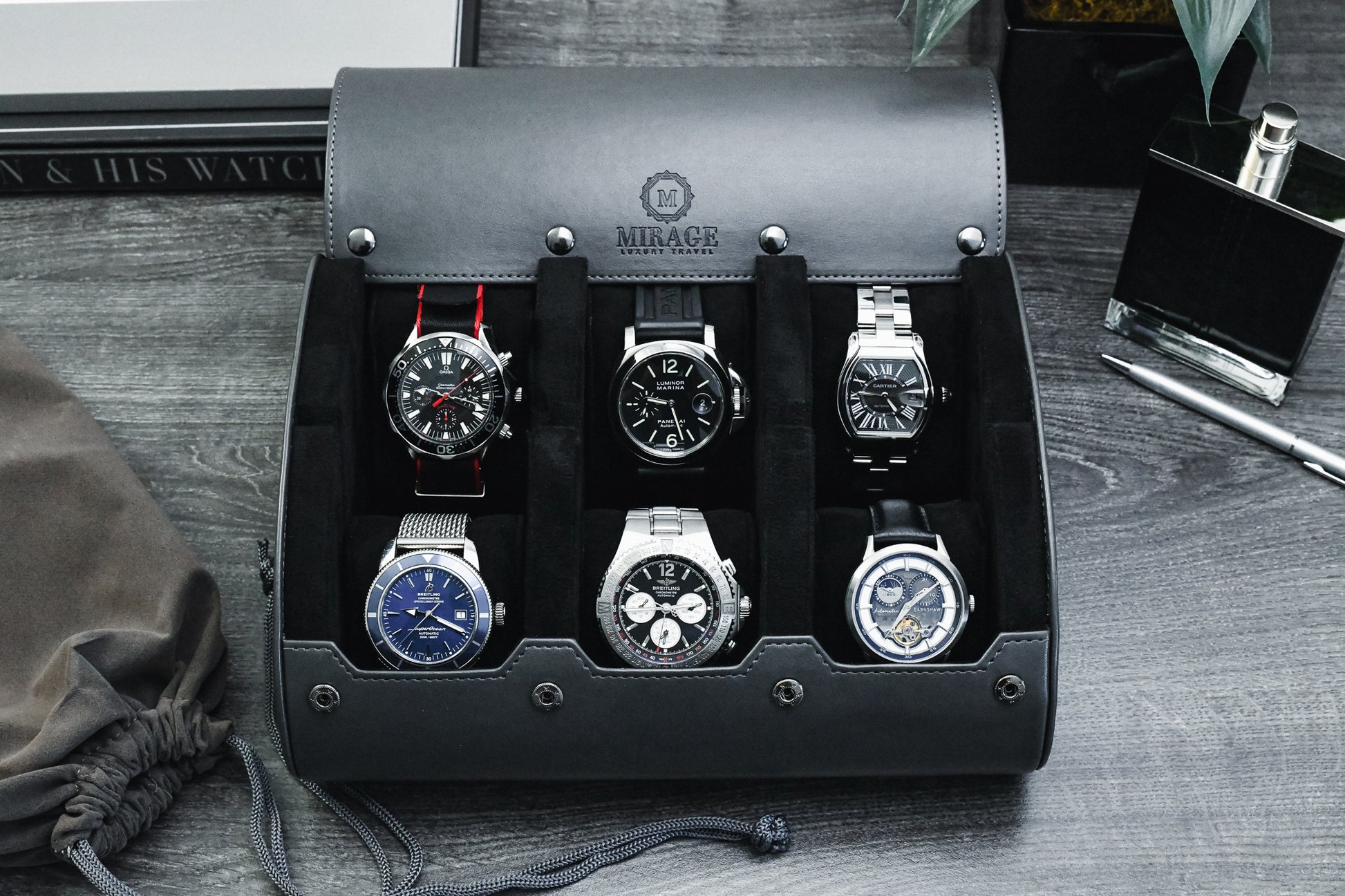 Premium Slate Gray luxury watch travel case displaying six luxury watches with soft suede interior and protective watch cushions