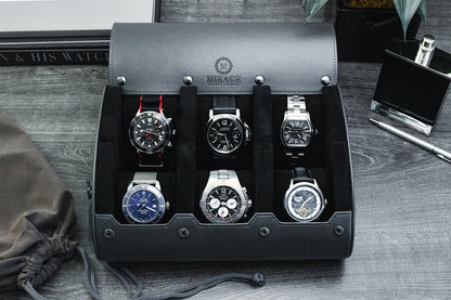 Premium Slate Gray luxury watch travel case displaying six luxury watches with soft suede interior and protective watch cushions