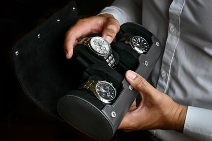 Close-up of luxury watches secured inside Slate Gray 3 watch travel case with premium suede watch cushions