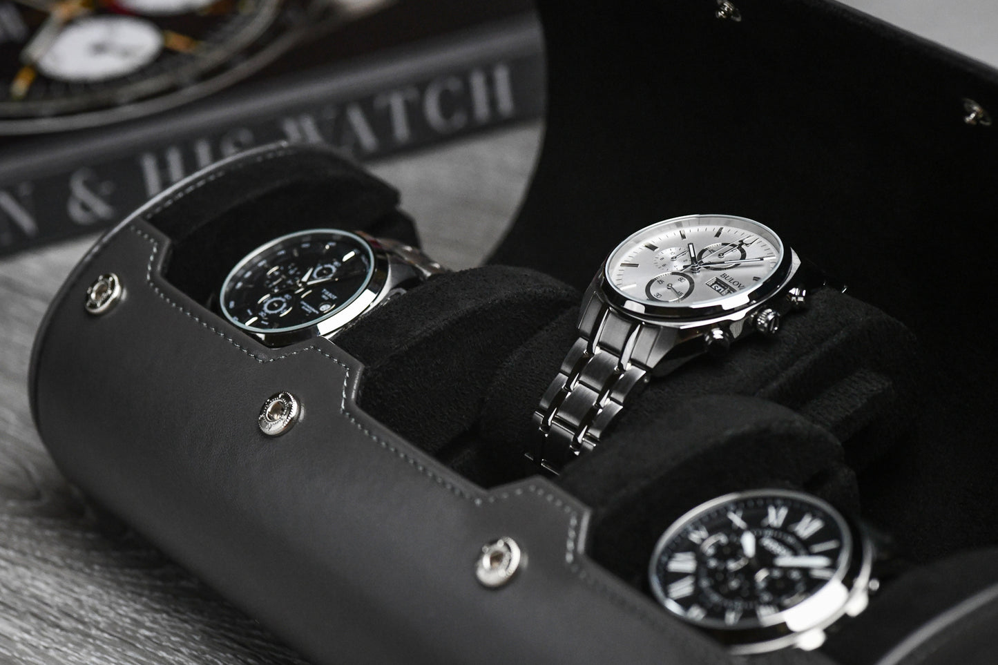 Detailed interior of Slate Gray luxury watch roll featuring three watch compartments and protective suede lining