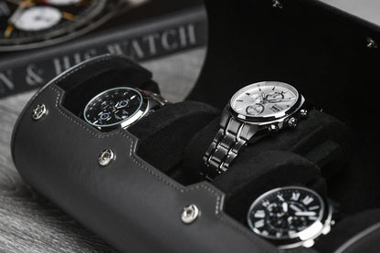 Detailed interior of Slate Gray luxury watch roll featuring three watch compartments and protective suede lining