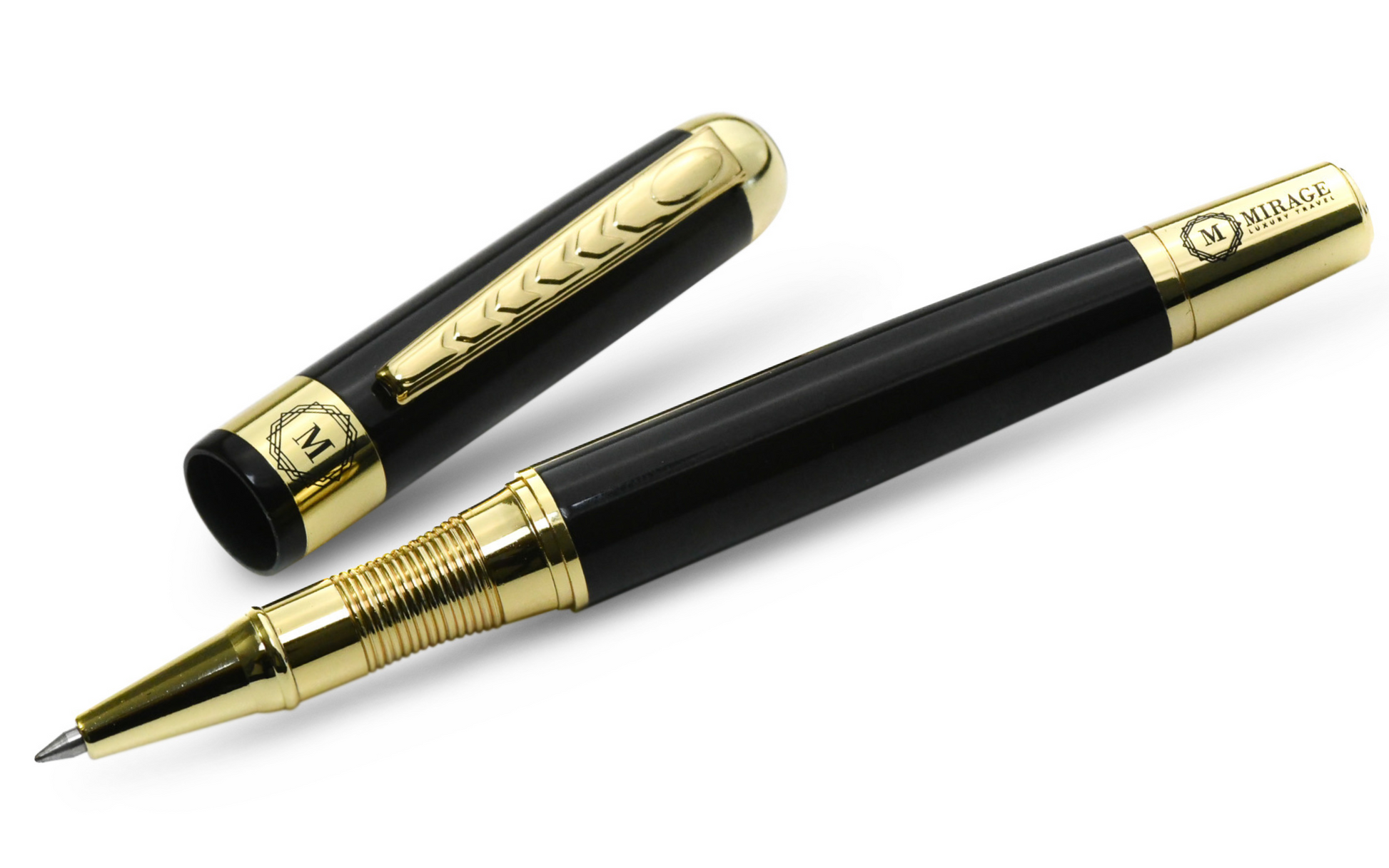 Mirage Luxury Travel Splendor Black luxury executive pen featuring premium black stainless steel construction, elegant gold-tone accents, precision 0.7 mm ballpoint tip, and refined craftsmanship for professionals and executives.