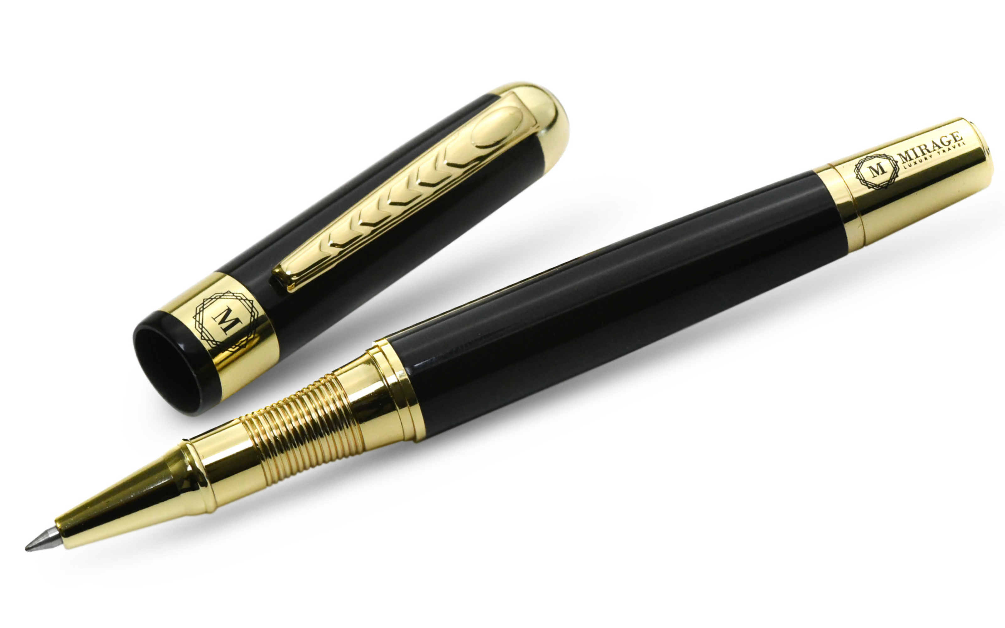 Mirage Luxury Travel Splendor Black luxury executive pen featuring premium black stainless steel construction, elegant gold-tone accents, precision 0.7 mm ballpoint tip, and refined craftsmanship for professionals and executives.